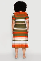 Womens Plus Stylish Tie Waist Belted Tabbed Sleeve Shirt Dress, Multi,