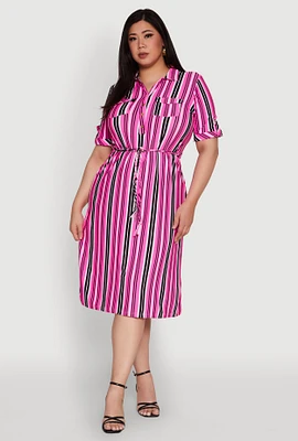 Womens Plus Size Striped Shirt Dress with Tie Waist Belt and Flap Pockets, Pink, Size 1X