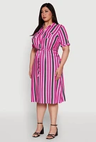 Womens Plus Size Striped Shirt Dress with Tie Waist Belt and Flap Pockets, Pink, Size 1X