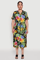 Womens Plus Size Tie Waist Belted Floral Print Shirt Dress, Multi, Size 4X