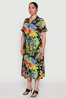 Womens Plus Size Tie Waist Belted Floral Print Shirt Dress, Multi, Size 4X