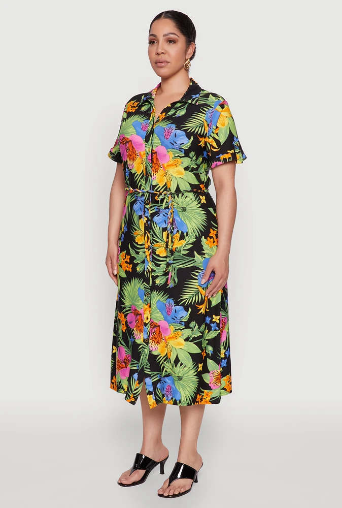 Womens Plus Tie Waist Belted Floral Print Shirt Dress, Multi,