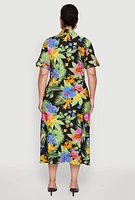 Womens Plus Size Tie Waist Belted Floral Print Shirt Dress, Multi, Size 4X