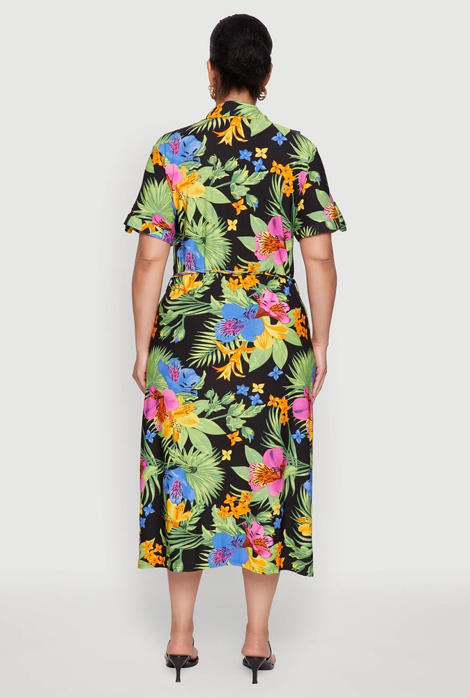 Womens Plus Tie Waist Belted Floral Print Shirt Dress, Multi,