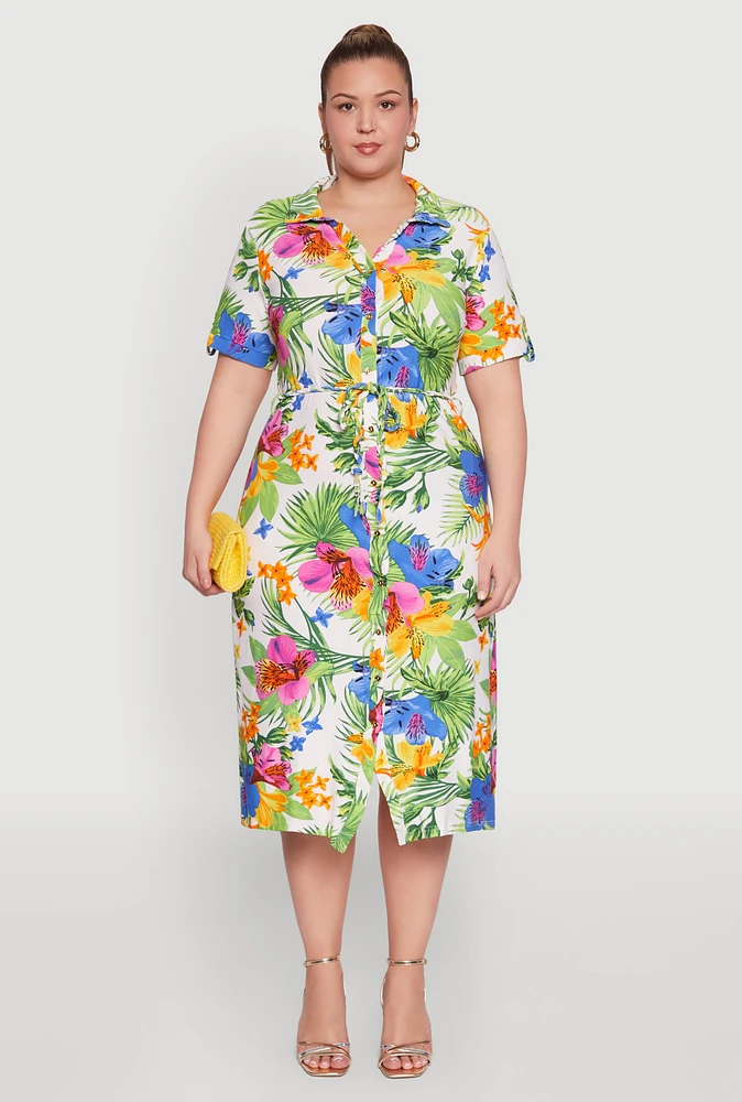 Womens Plus Tie Waist Belted Floral Print Shirt Dress, Multi,