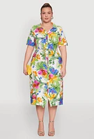 Womens Plus Tie Waist Belted Floral Print Shirt Dress, Multi,