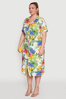 Womens Plus Tie Waist Belted Floral Print Shirt Dress, Multi,
