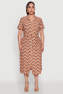 Womens Plus Size Wavy Striped Midi Shirt Dress, Multi, Size 2X