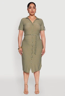 Womens Plus Size Striped Tie Waist Button Front Shirt Dress, Green, Size 4X