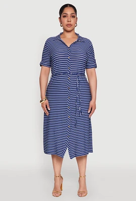 Womens Plus Striped Tie Waist Button Front Shirt Dress, Blue,