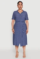 Womens Plus Striped Tie Waist Button Front Shirt Dress, Blue,