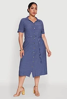 Womens Plus Striped Tie Waist Button Front Shirt Dress, Blue,