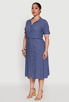 Womens Plus Striped Tie Waist Button Front Shirt Dress, Blue,