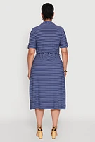 Womens Plus Striped Tie Waist Button Front Shirt Dress, Blue,