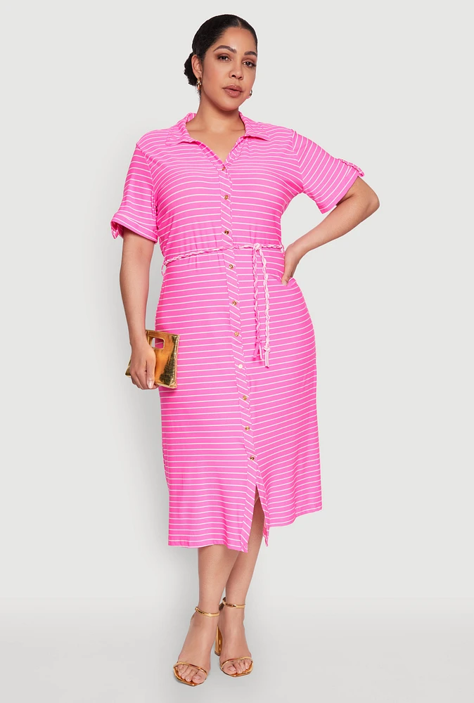 Womens Plus Size Striped Tie Waist Button Front Shirt Dress, Pink, Size 3X