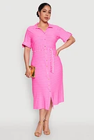 Womens Plus Size Striped Tie Waist Button Front Shirt Dress, Pink, Size 3X