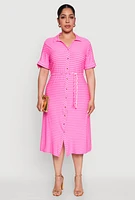 Womens Plus Size Striped Tie Waist Button Front Shirt Dress, Pink, Size 3X