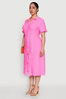 Womens Plus Size Striped Tie Waist Button Front Shirt Dress, Pink, Size 3X