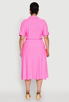 Womens Plus Size Striped Tie Waist Button Front Shirt Dress, Pink, Size 3X