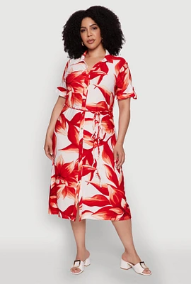 Womens Plus Size Floral Print Shirt Dress with Tie Waist Belt, Red, Size 2X