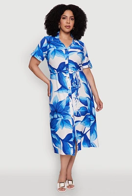 Womens Plus Floral Print Shirt Dress with Tie Waist Belt,