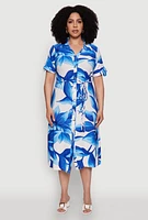 Womens Plus Floral Print Shirt Dress with Tie Waist Belt,