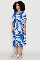 Womens Plus Floral Print Shirt Dress with Tie Waist Belt,