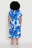 Womens Plus Floral Print Shirt Dress with Tie Waist Belt,