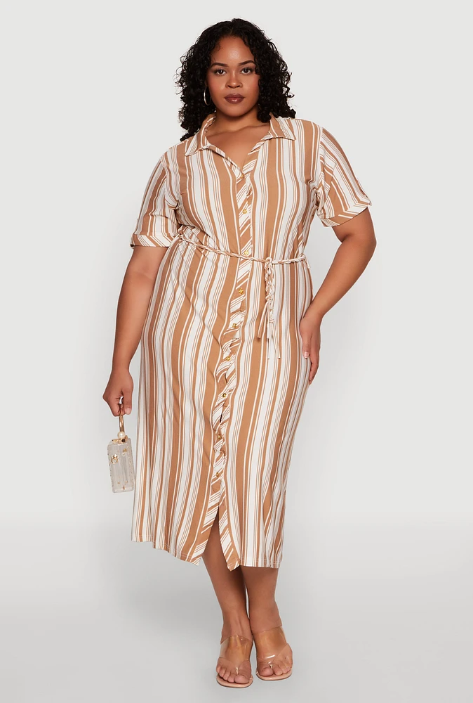 Womens Plus Striped Midi Shirt Dress,