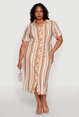 Womens Plus Striped Midi Shirt Dress,