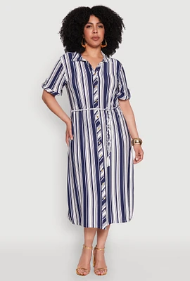 Womens Plus Striped Midi Shirt Dress,