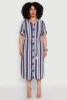 Womens Plus Striped Midi Shirt Dress, Blue,