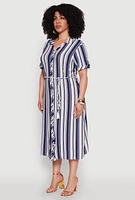Womens Plus Striped Midi Shirt Dress, Blue,
