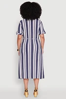 Womens Plus Striped Midi Shirt Dress, Blue,