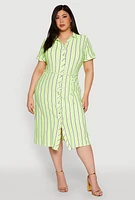 Womens Plus Size Tie Waist Belted Striped Shirt Dress, Green, Size 3X
