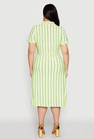 Womens Plus Size Tie Waist Belted Striped Shirt Dress, Green, Size 3X