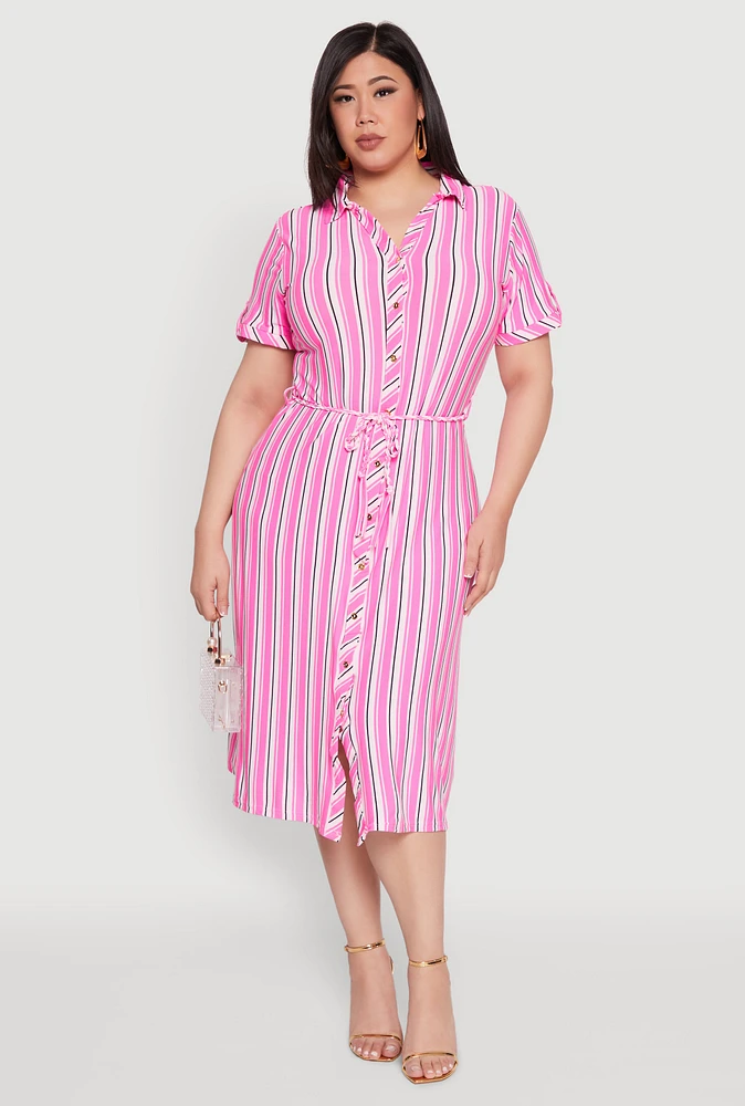 Womens Plus Tie Waist Belted Striped Shirt Dress,
