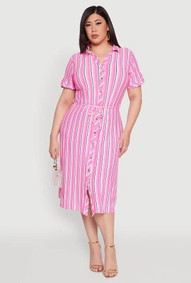 Womens Plus Tie Waist Belted Striped Shirt Dress,