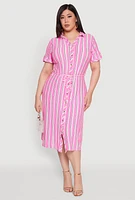 Womens Plus Tie Waist Belted Striped Shirt Dress,