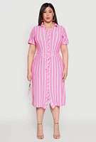 Womens Plus Tie Waist Belted Striped Shirt Dress,