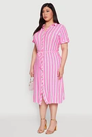 Womens Plus Tie Waist Belted Striped Shirt Dress,