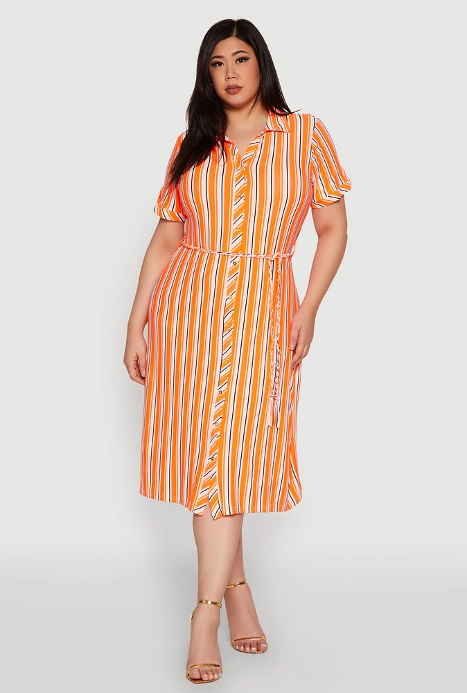 Womens Plus Size Tie Waist Belted Striped Shirt Dress, Orange, Size 1X