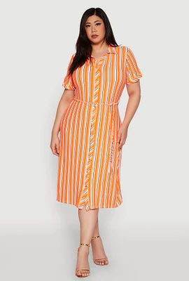 Womens Plus Size Tie Waist Belted Striped Shirt Dress, Orange, Size 1X