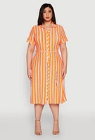 Womens Plus Size Tie Waist Belted Striped Shirt Dress, Orange, Size 1X