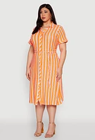 Womens Plus Size Tie Waist Belted Striped Shirt Dress, Orange, Size 1X