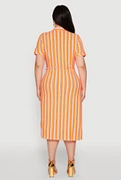 Womens Plus Size Tie Waist Belted Striped Shirt Dress, Orange, Size 1X