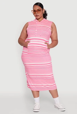 Womens Plus Size Striped Hooded Tank Dress, Pink, Size 1X