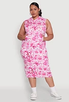 Womens Plus Floral Print Hooded Tank Dress, Pink,