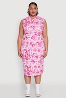 Womens Plus Floral Print Hooded Tank Dress, Pink,