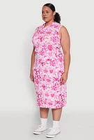 Womens Plus Floral Print Hooded Tank Dress, Pink,